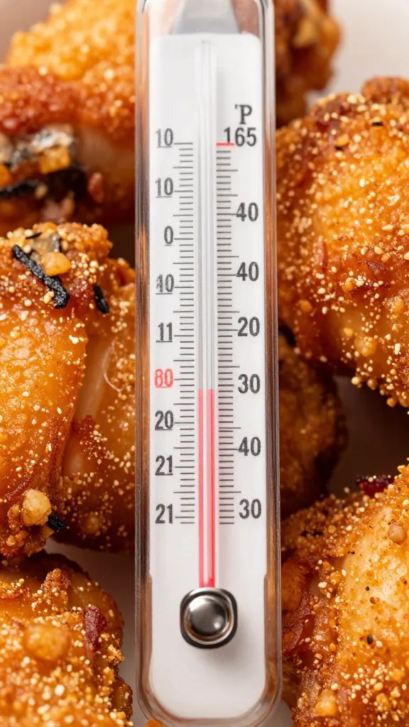thermometer reading 165°F in crispy chicken thigh, closeup