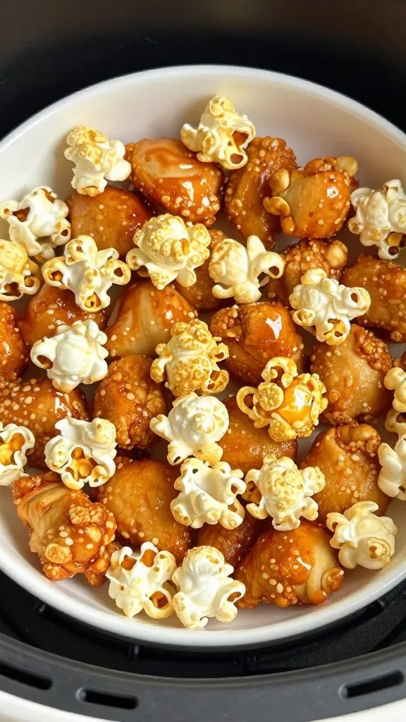 closeup bowl of keto popcorn chicken in air fryer basket