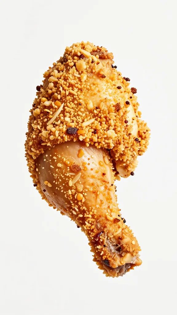 single bite-size chicken piece with pork rind crust, macro