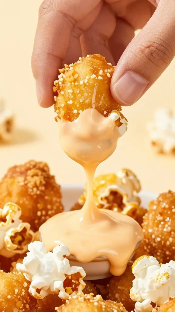 hand dipping popcorn chicken into spicy mayo, closeup
