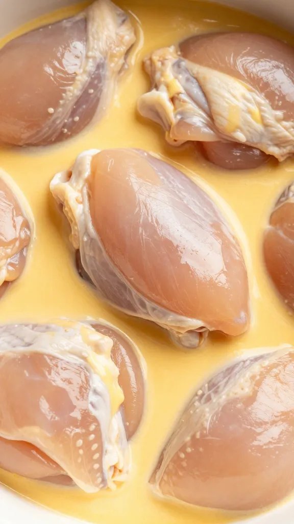raw chicken thigh cubes marinating in egg-mayo, closeup