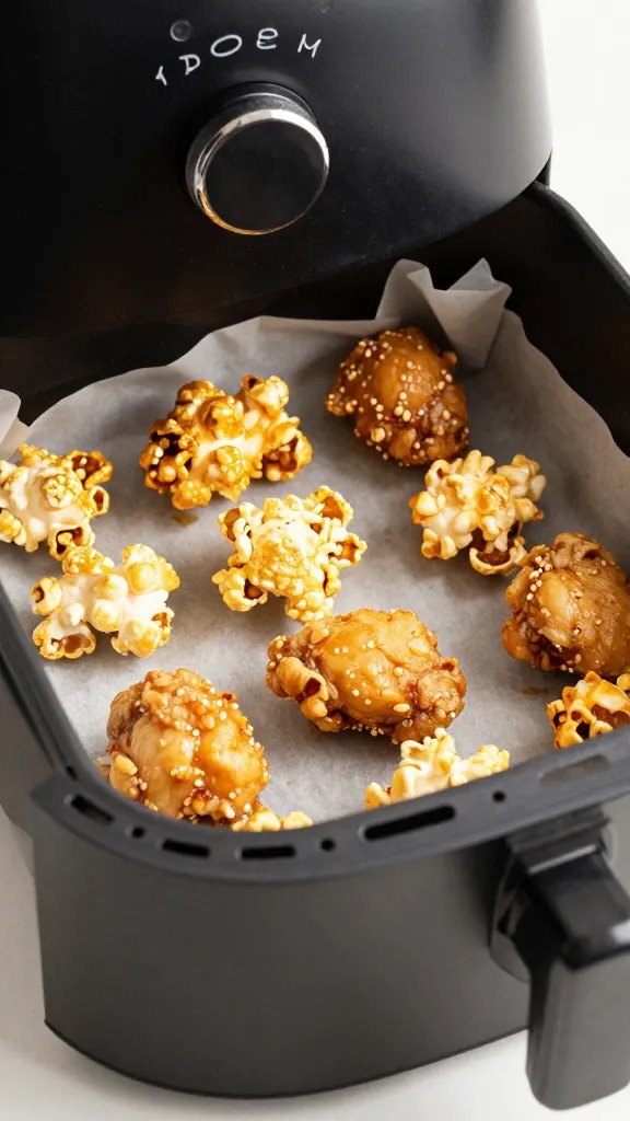 parchment-lined air fryer drawer with cooked popcorn chicken, closeup