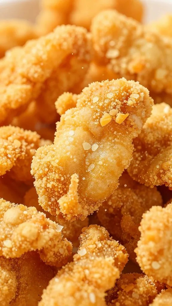 golden pork rind breading clinging to chicken, extreme closeup
