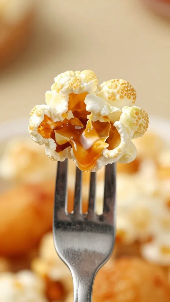 single popcorn chicken on fork showing juicy interior, macro