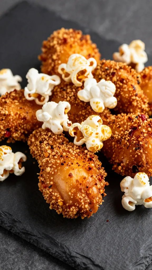 smoked paprika-dusted popcorn chicken on black slate, closeup