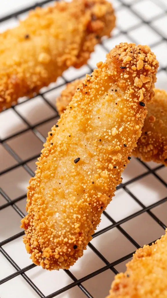 closeup of air-fried keto chicken strip on wire rack
