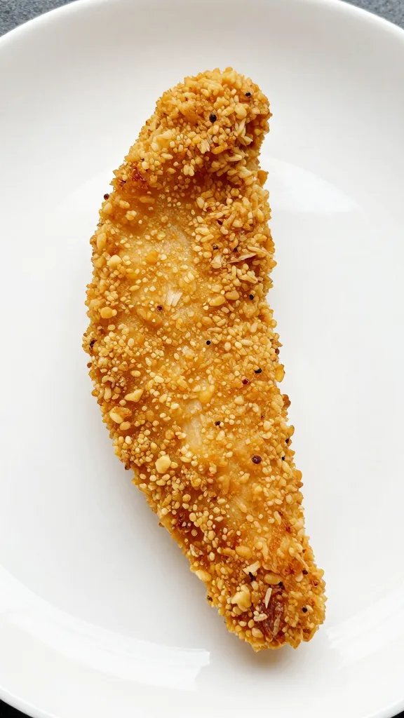 single pork rind crusted chicken strip on white plate