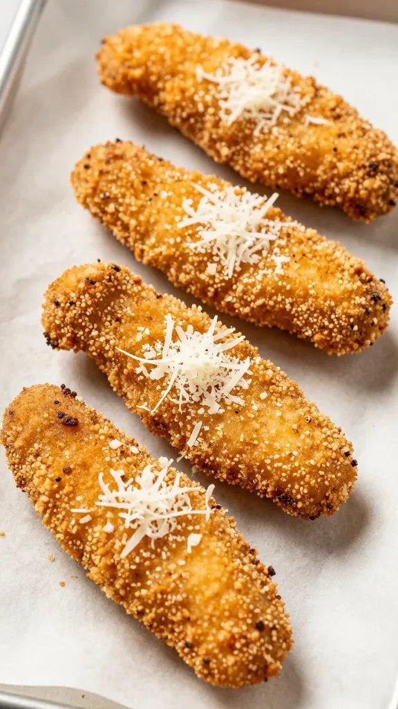 parmesan-dusted chicken strip on parchment paper