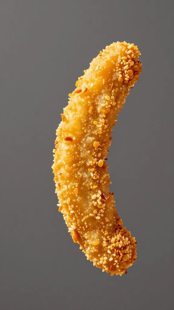 golden chicken strip held with tongs, studio light