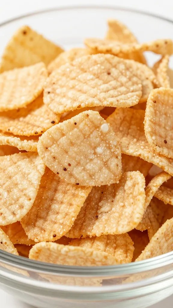 crushed pork rinds in glass bowl, macro texture