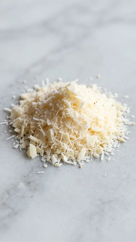grated parmesan mound on marble countertop, closeup