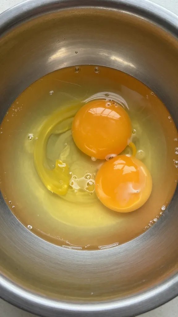 beaten egg in small stainless bowl, overhead closeup