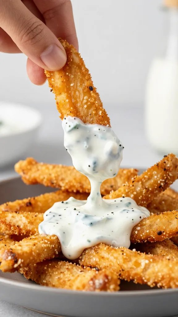 keto chicken strip being dipped in ranch, macro