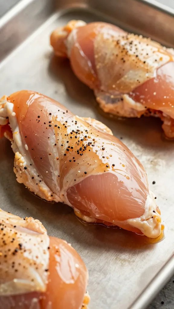 spice-coated raw chicken tender on sheet pan, closeup