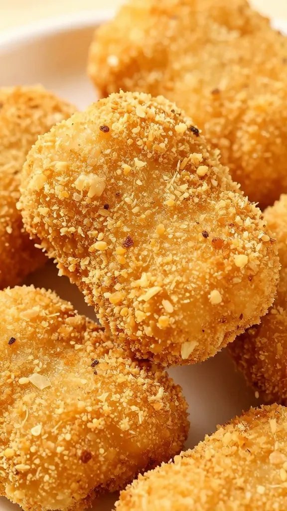 closeup of keto chicken nugget with pork rind crust