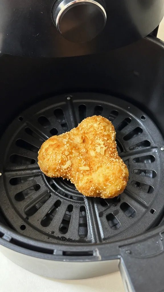 single air fryer basket holding one crispy nugget