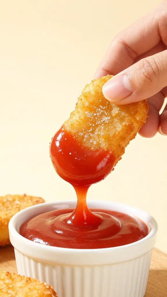 hand dipping one nugget into sugar-free ketchup