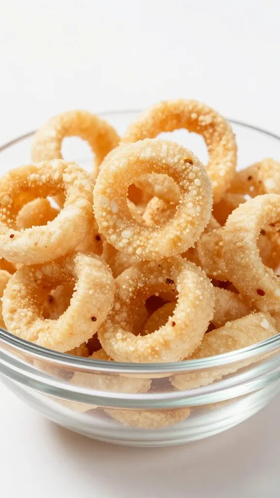 crushed plain pork rinds in glass bowl, macro