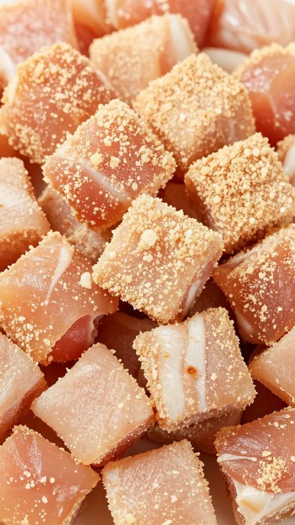 raw chicken cube coated in pork rind crumbs, closeup