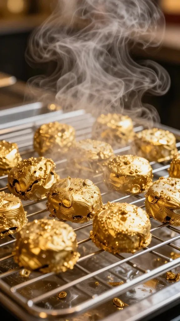 golden nugget resting on wire rack, steam visible