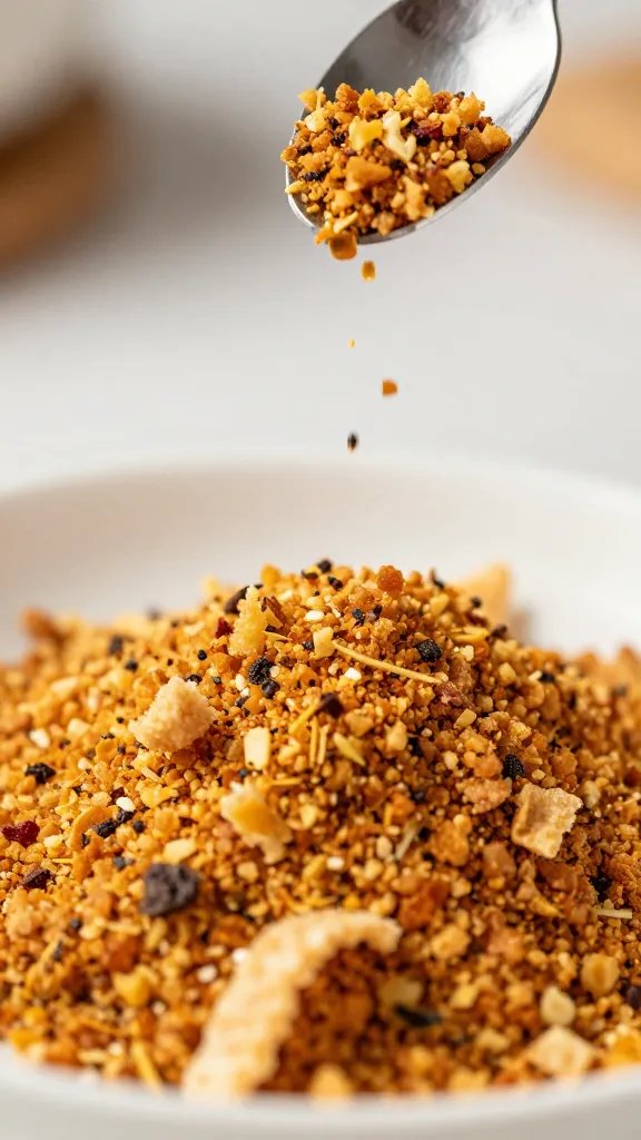 seasoning blend sprinkled over pork rind crumbs, macro