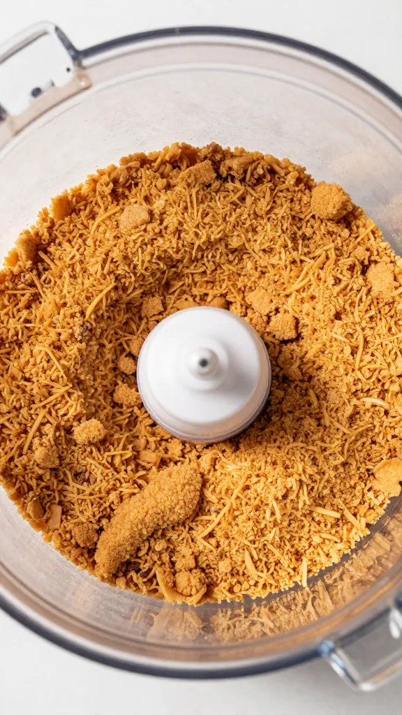 food processor bowl with airy pork rind crumb, top-down closeup