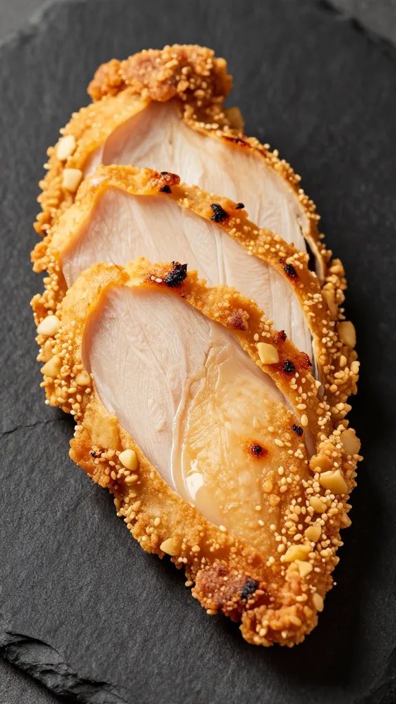 closeup of sliced air-fried chicken breast on black slate