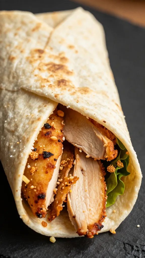 single keto chicken wrap with air-fried slices, closeup