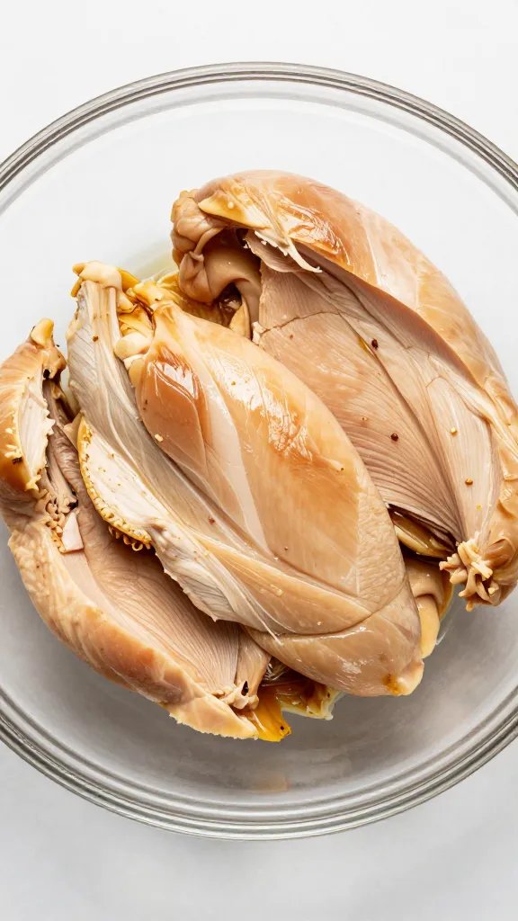 marinated chicken breast slices in glass bowl, overhead