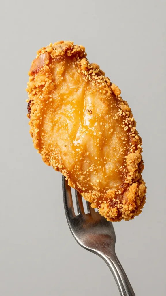 crispy air-fried chicken slice on fork, shallow depth