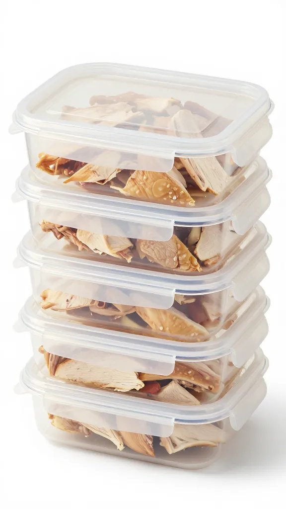 sealed meal prep container with chicken slices, macro