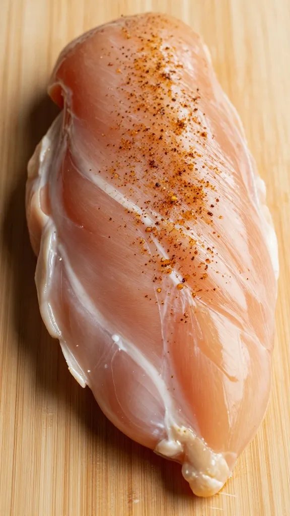 spice-rubbed raw chicken breast slices on cutting board