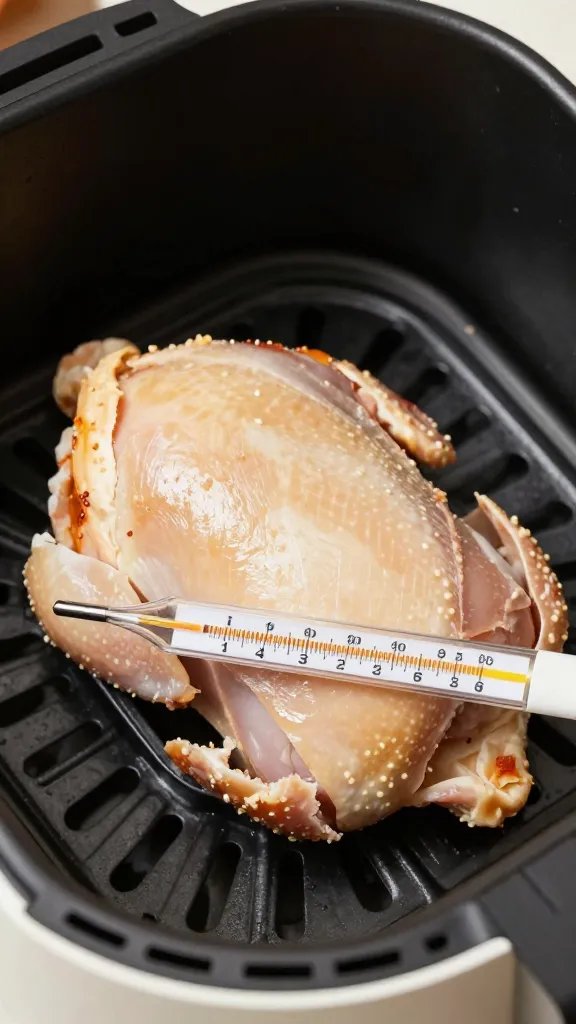 thermometer inserted into chicken slice, air fryer basket