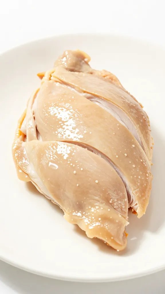 glistening chicken slice on white plate, studio lighting