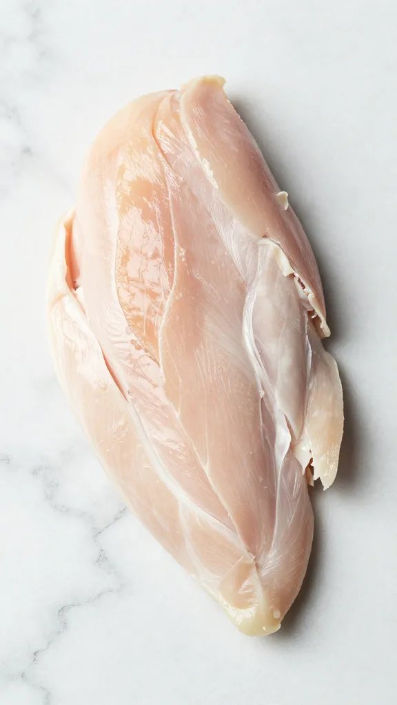 thinly sliced chicken breast fanned on marble surface