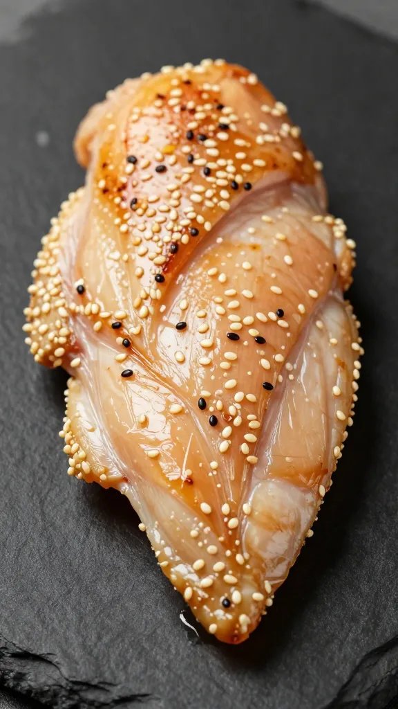 closeup of sesame ginger chicken breast on black slate