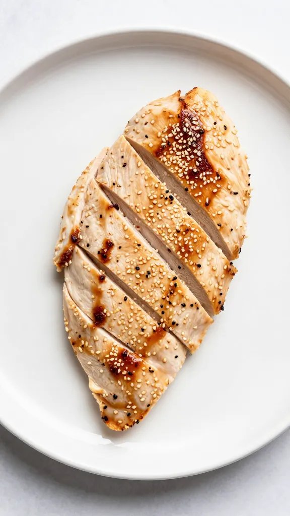 sliced keto sesame chicken breast on white ceramic plate