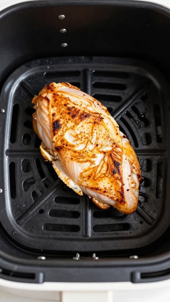 air fryer basket with single cooked chicken breast