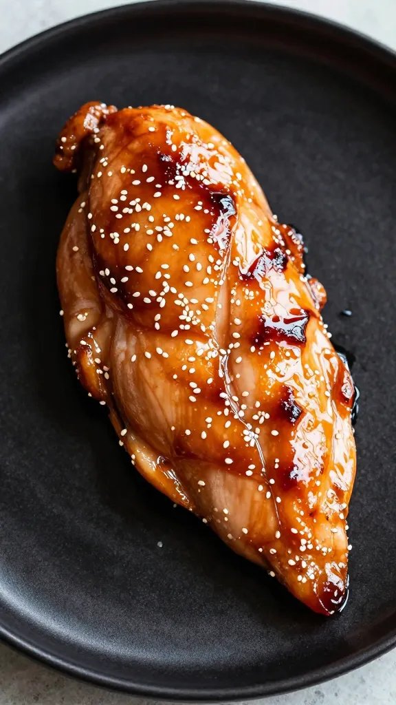 glossy sesame-coated chicken breast on matte black plate