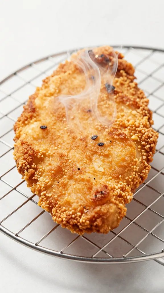golden air-fried chicken breast on wire rack, steam rising