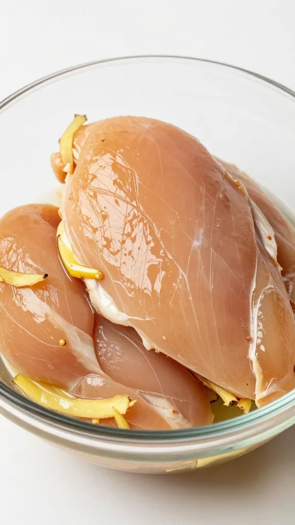 marinated chicken breast in glass bowl, visible ginger strands