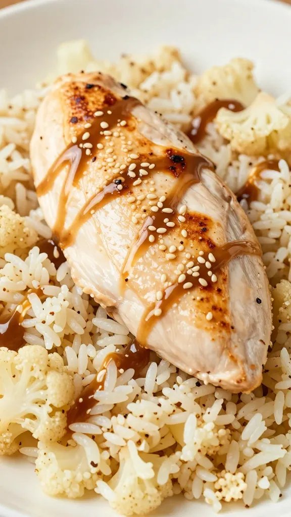 chicken breast on cauliflower rice, sesame drizzle, closeup