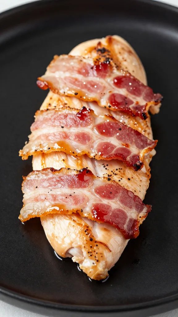 closeup bacon-wrapped keto chicken breast on matte black plate
