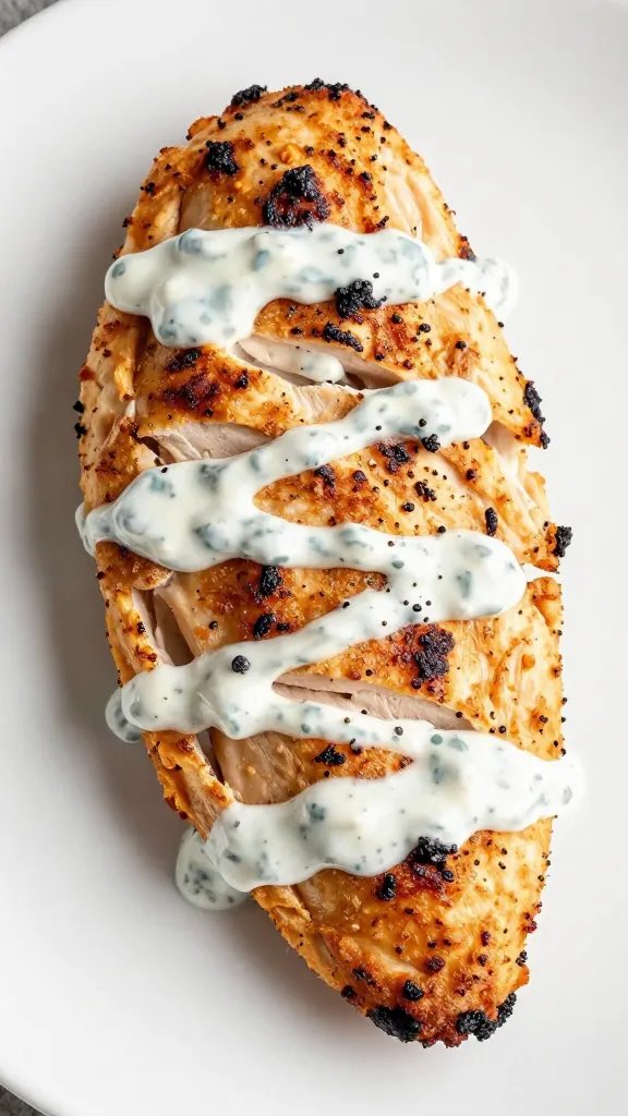 juicy sliced air-fryer chicken breast with ranch drizzle
