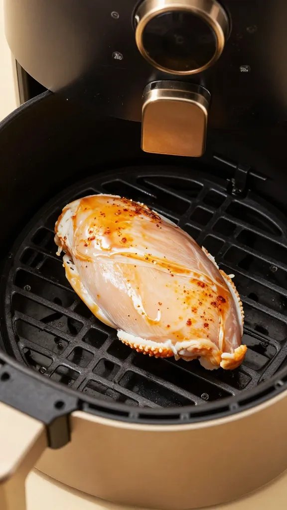 golden air fryer basket holding single chicken breast