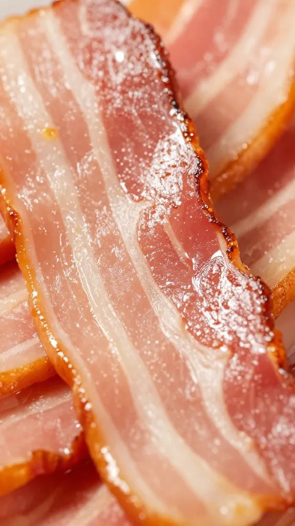 thick-cut cooked bacon strip, glistening, extreme closeup