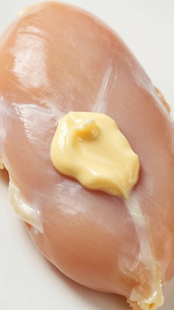 raw chicken breast brushed with mayo, prep closeup