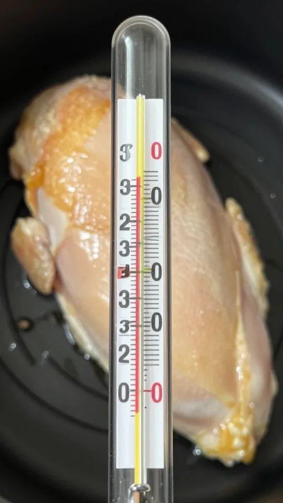 thermometer probe in cooked chicken breast, juices visible
