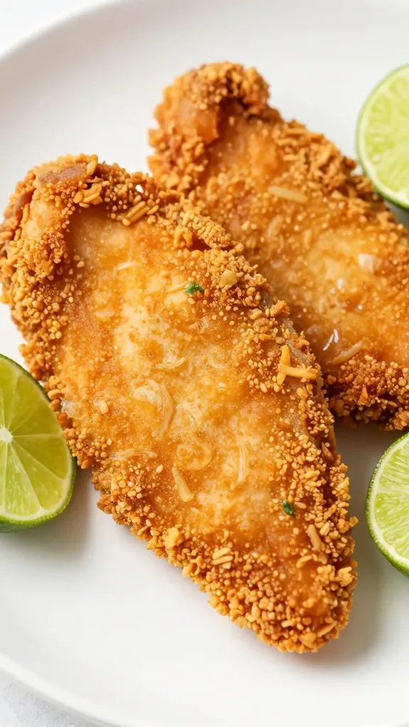 Closeup cilantro lime air-fried chicken breast on white plate