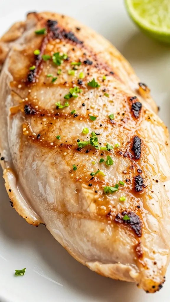 Macro shot of seared chicken breast with lime zest